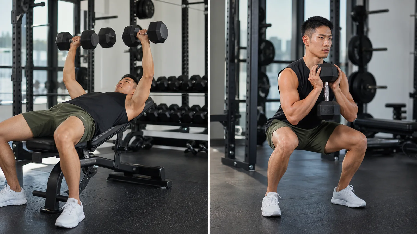 Athlete performing upper-body pressing and lower-body squatting exercises