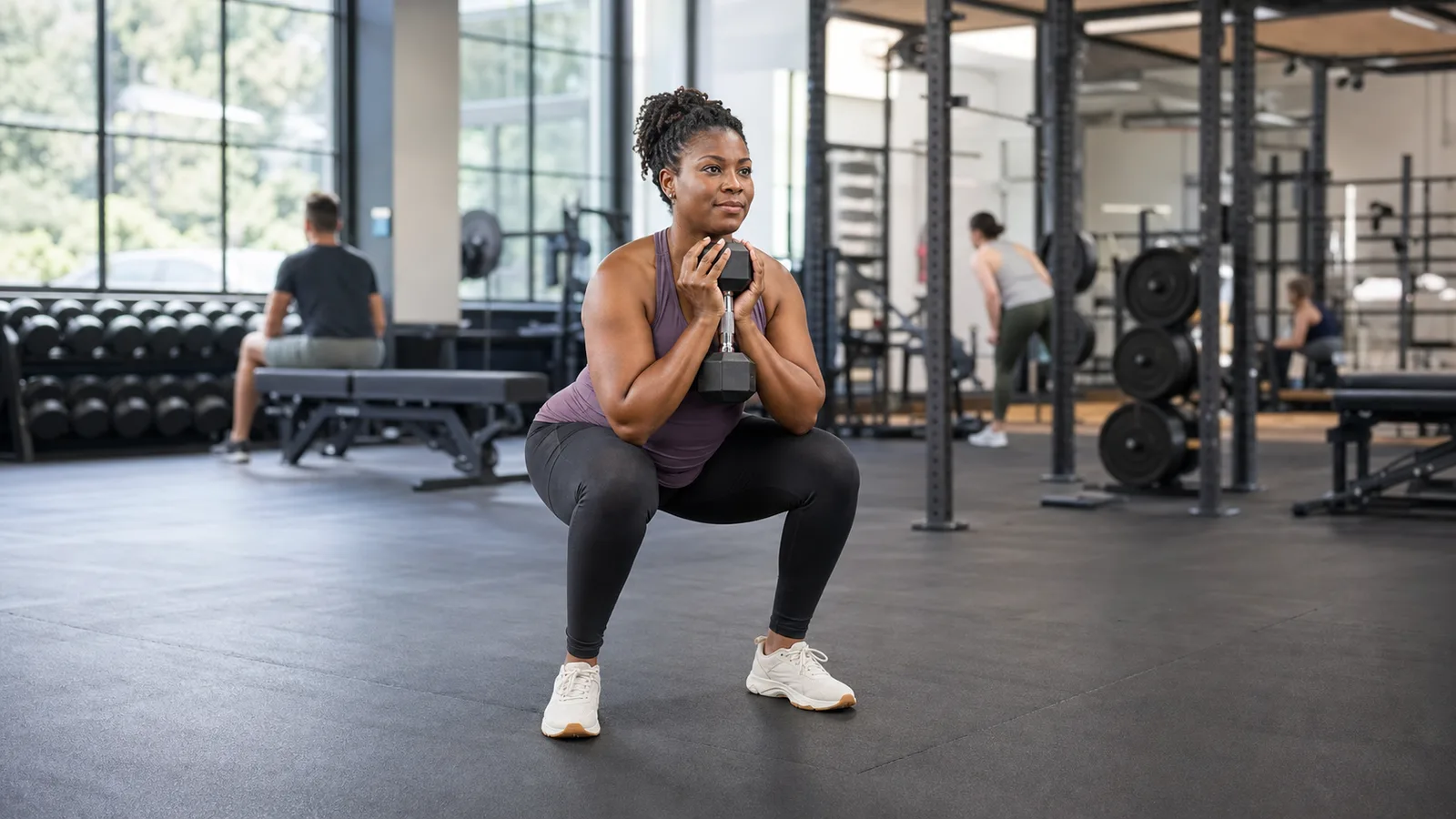 Woman performing a controlled goblet squat during a beginner gym workout