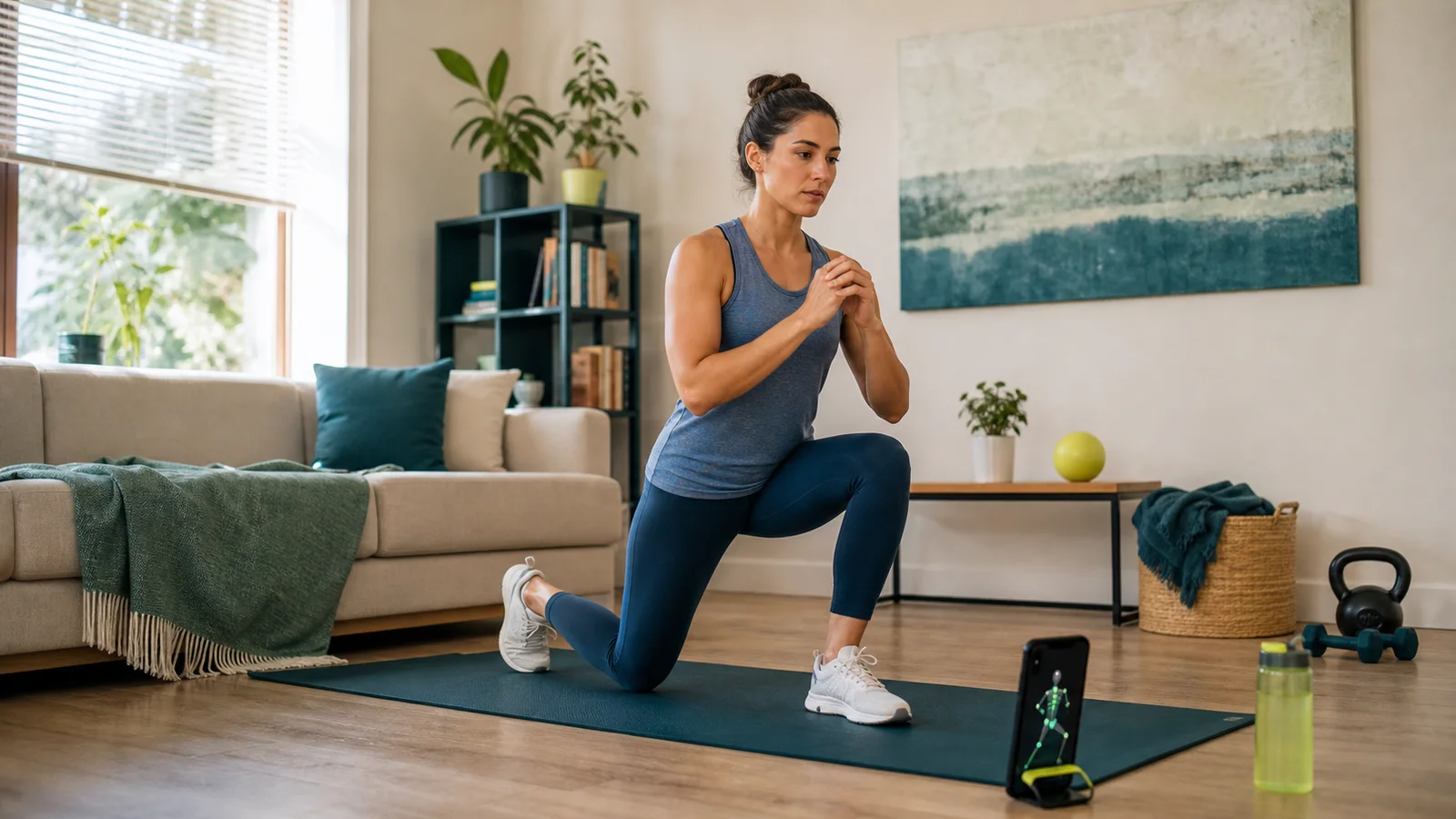 Person following a real-time AI fitness coach on a phone propped up during a home workout