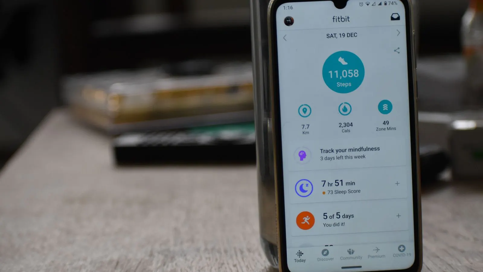 Smartphone displaying fitness and activity statistics
