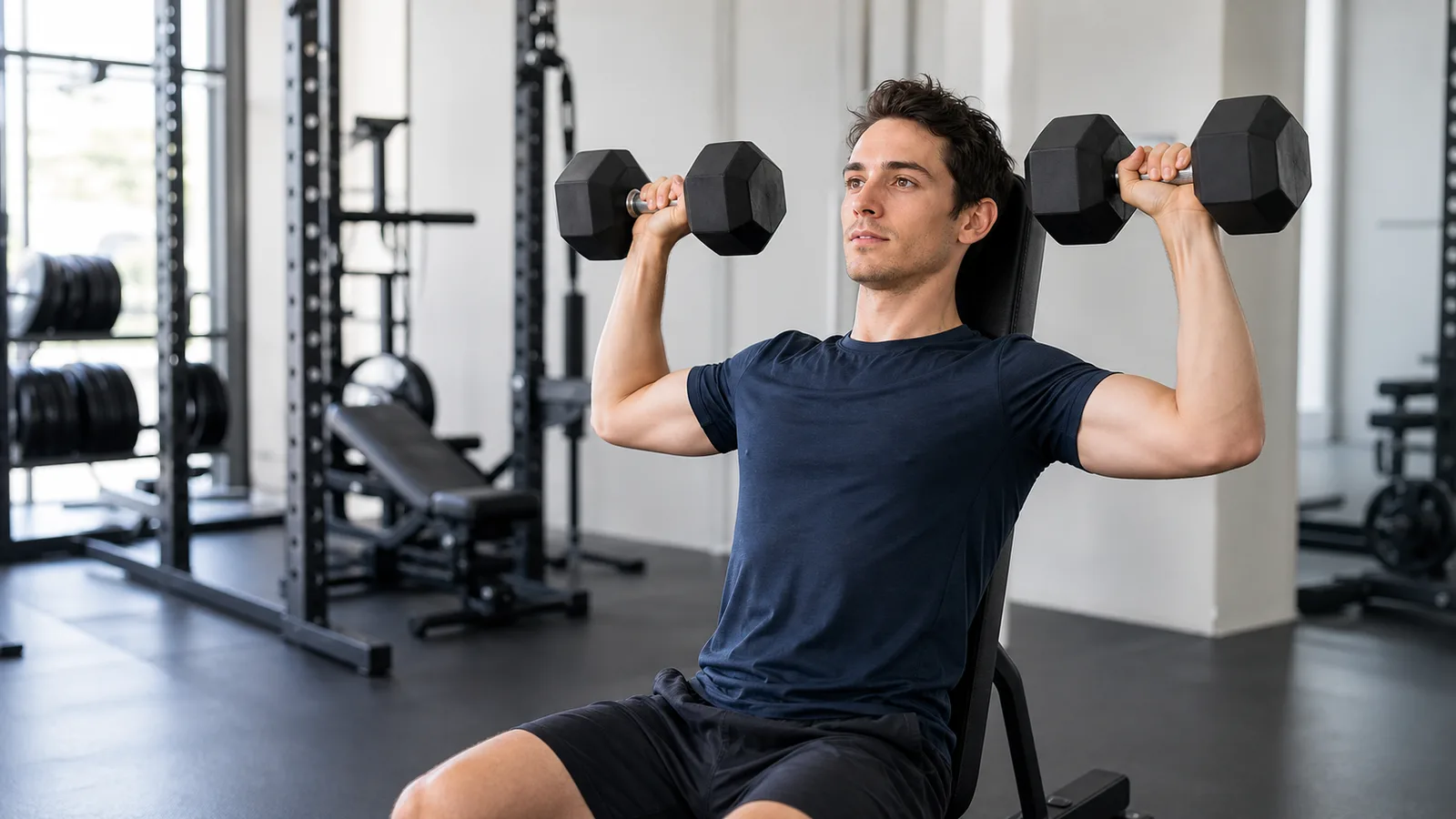 Naturally slim man performing a seated dumbbell press in a bright gym