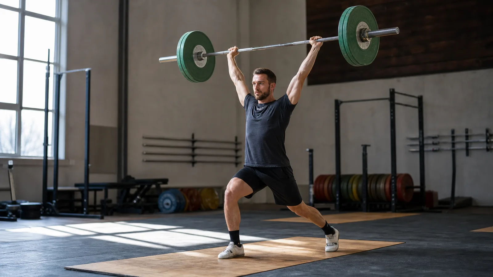 Weightlifter holding a barbell overhead in a split stance on a lifting platform