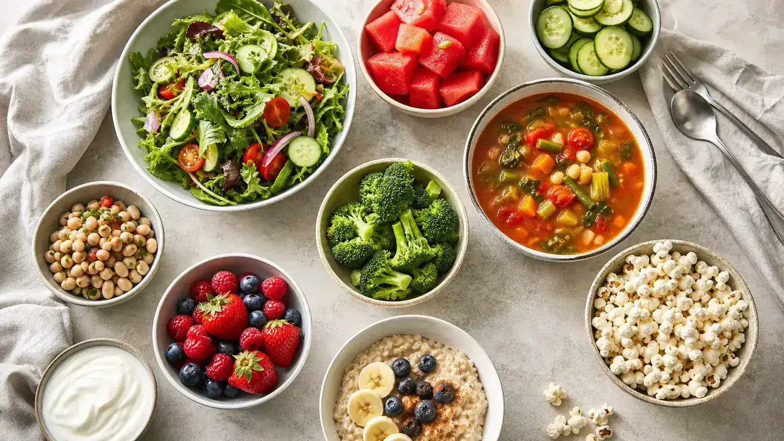 Colorful spread of salad, fruit, vegetable soup, oatmeal, yogurt, beans, and popcorn