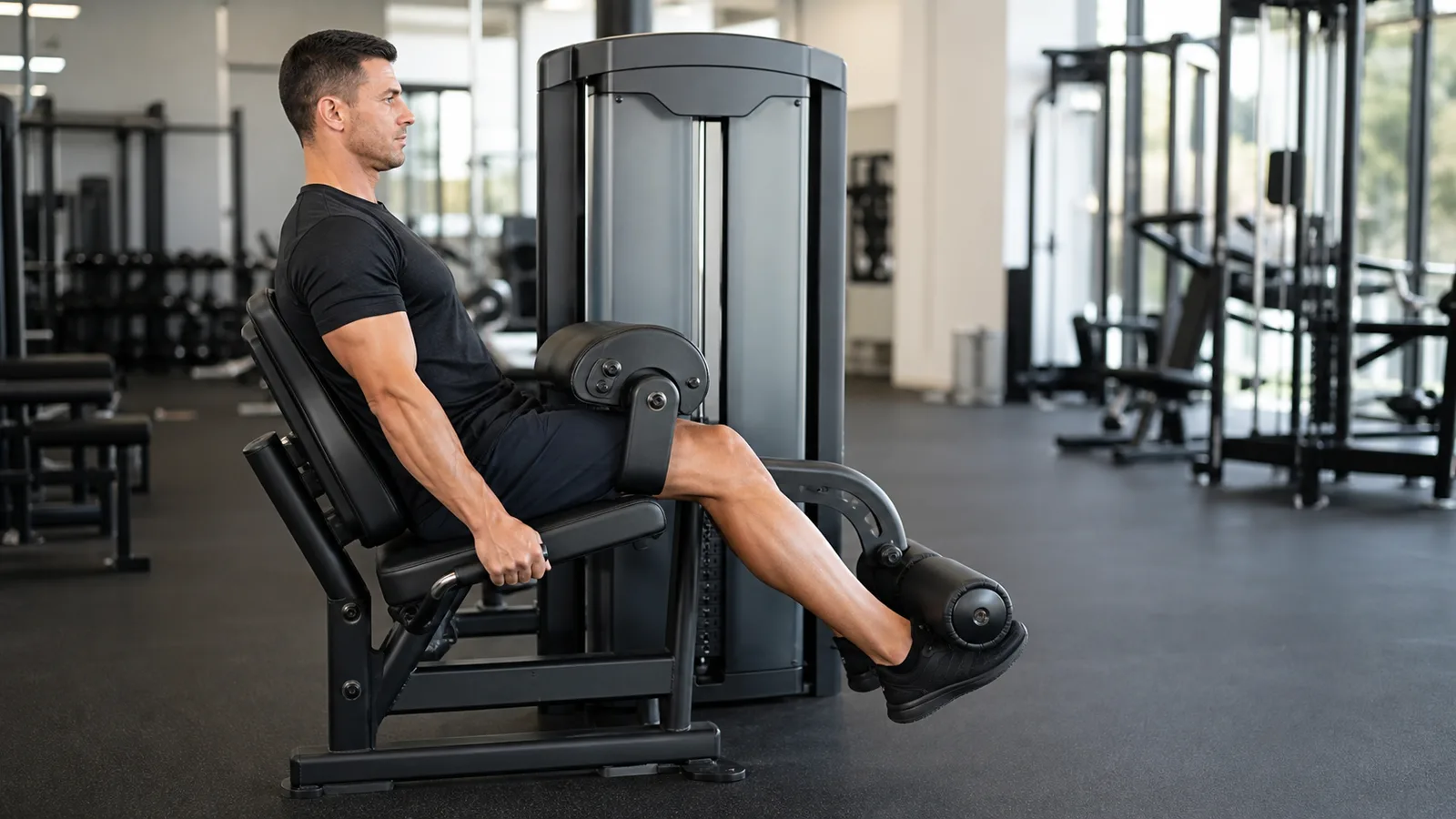 Man positioned in a seated leg curl machine with thigh and ankle pads secured