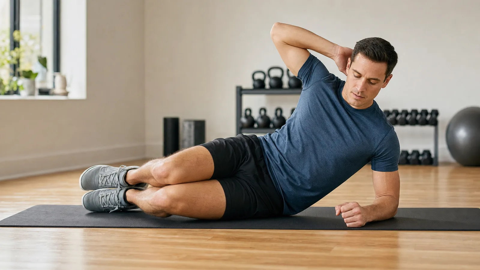 Man performing a controlled side-lying crunch on an exercise mat
