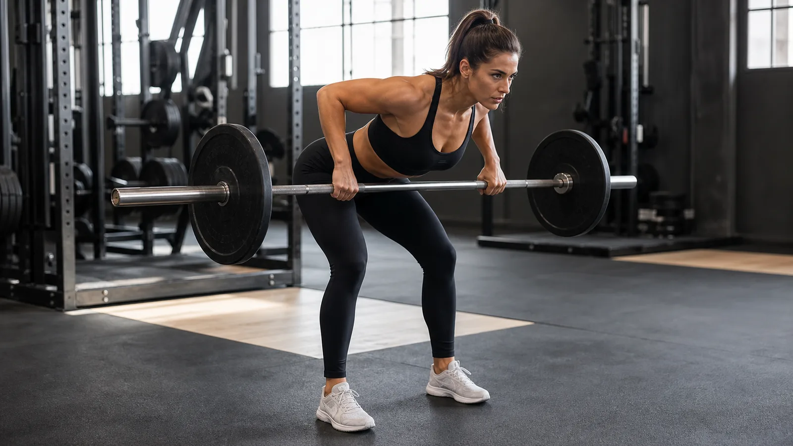 Woman performing a wide-grip bent-over barbell row in a strength gym